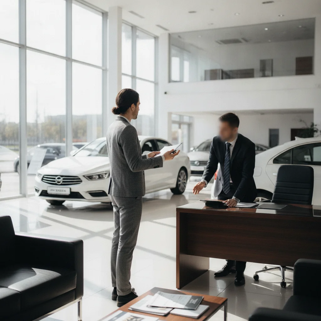 A car buyer confidently presenting loan documents to a dealership representative in a showroom