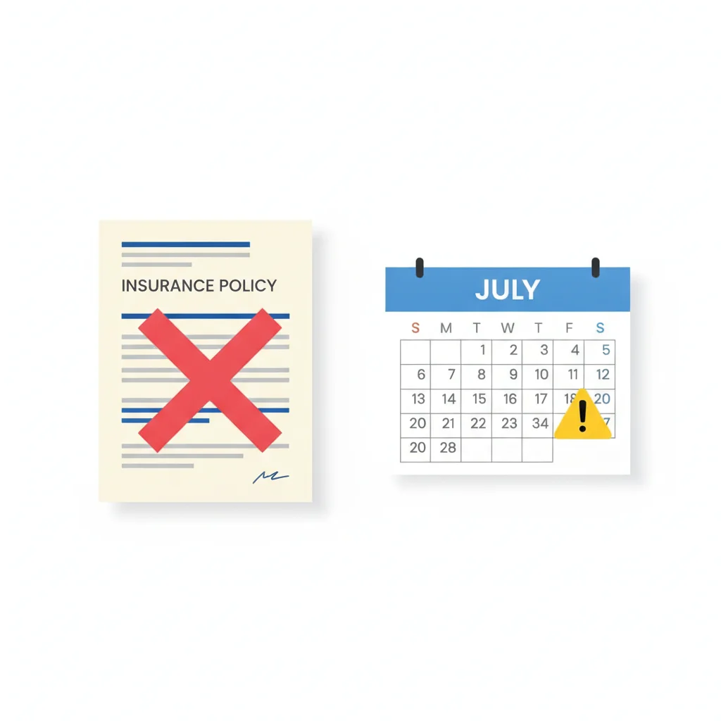 An insurance document with a mid-term red cancellation mark beside a calendar showing end-of-term non-renewal warning