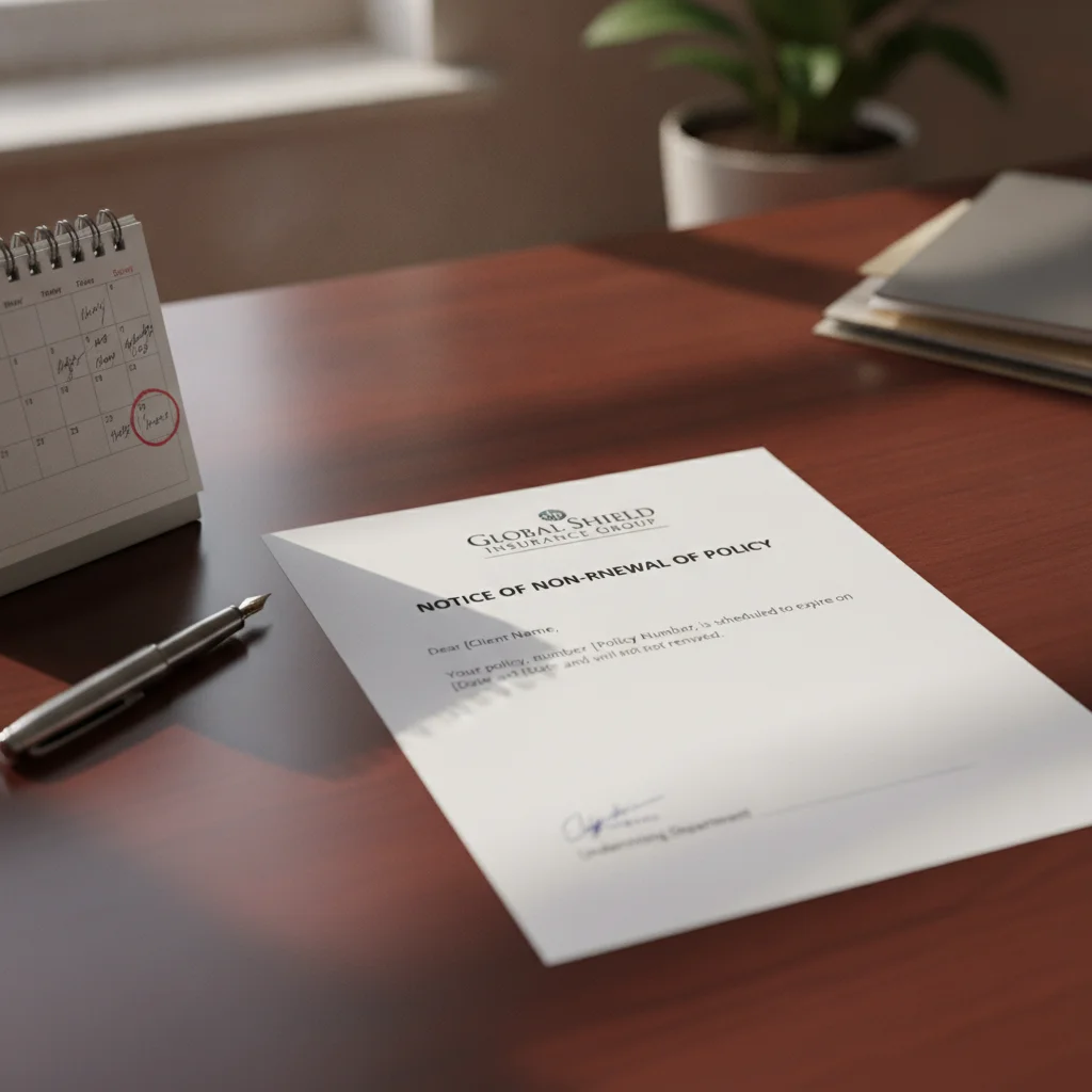 A formal auto insurance non-renewal notice letter on a desk with a pen and calendar visible