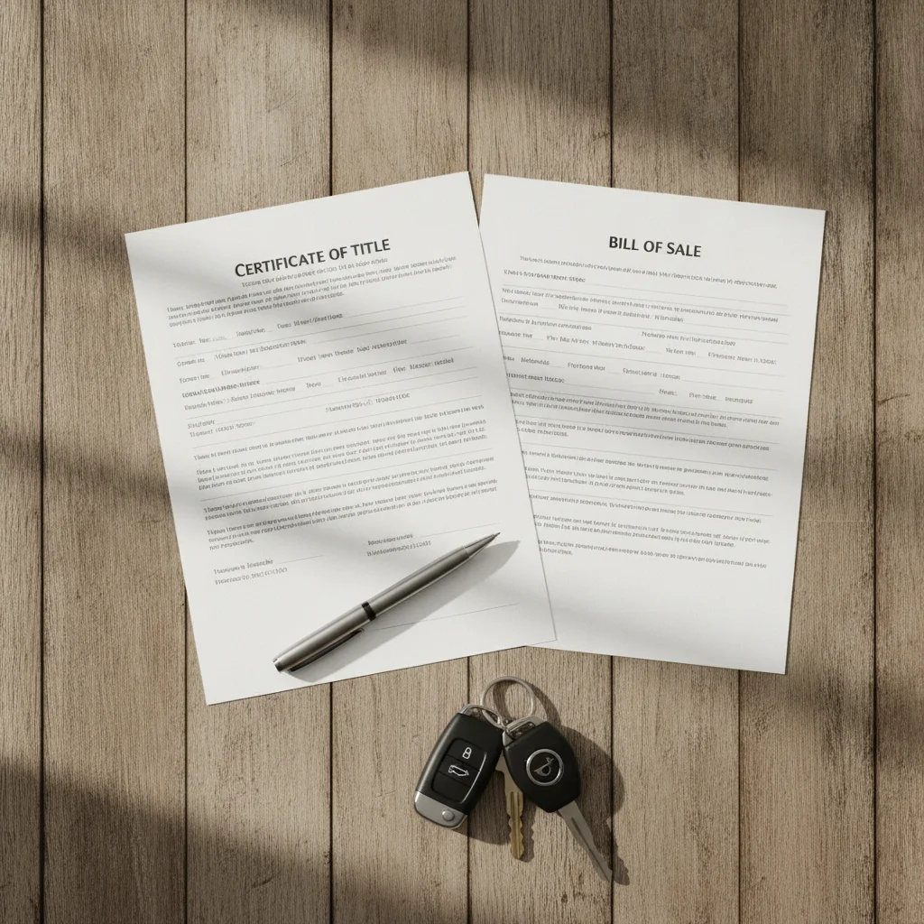 Overhead view of a vehicle title, bill of sale, pen, and car keys laid out on a desk