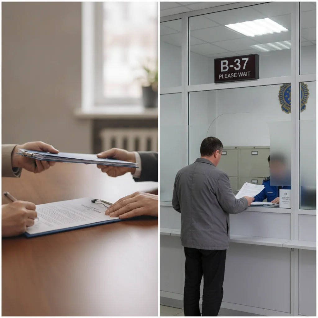 Two-panel illustration showing a title being signed on the left and DMV paperwork being submitted on the right