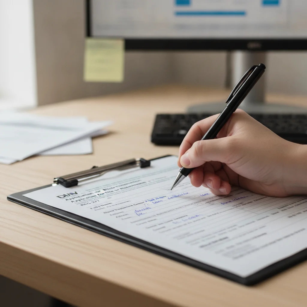 Close-up of a person filling out a DMV title transfer application form on a clipboard