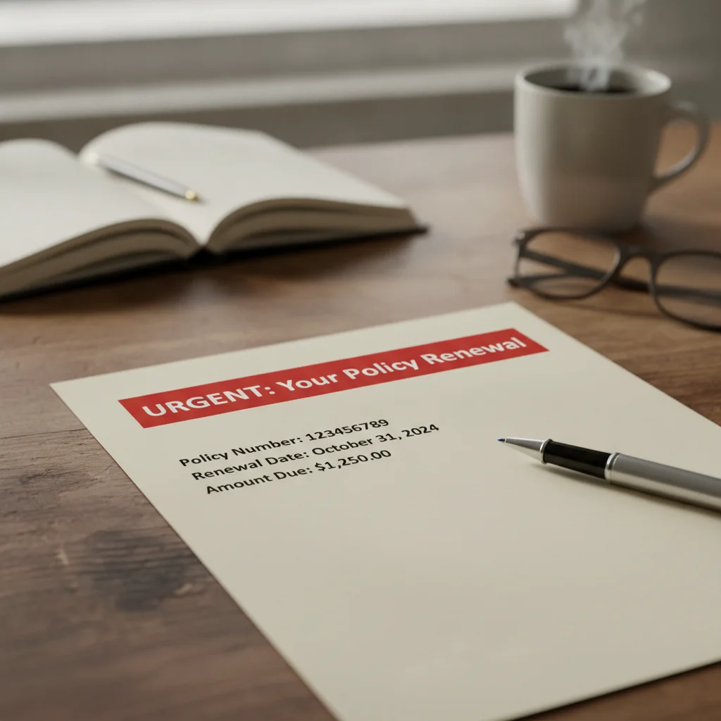 Close-up of an auto insurance renewal notice on a desk with a pen ready to sign
