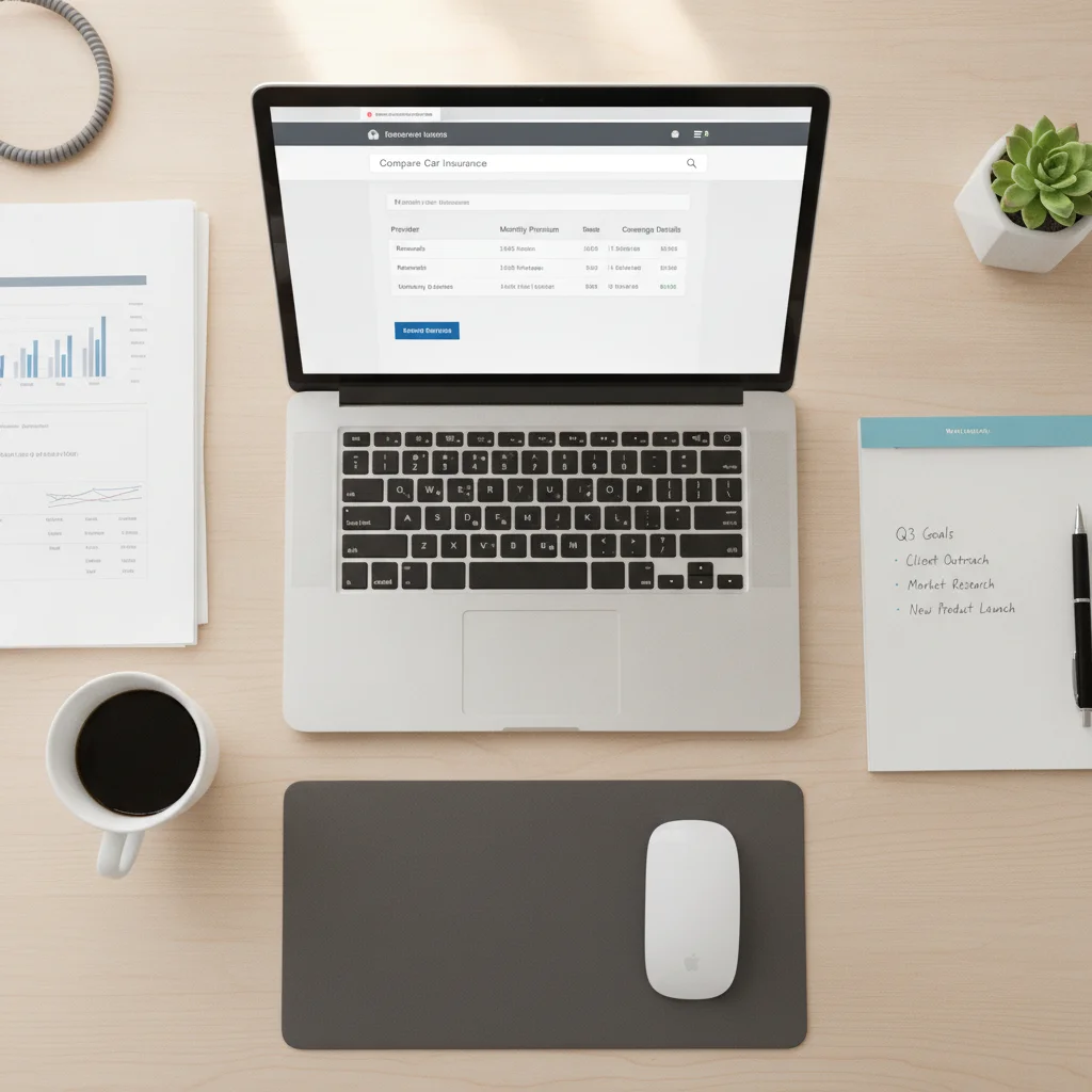 Laptop with insurance comparison website open beside printed policy documents and notepad