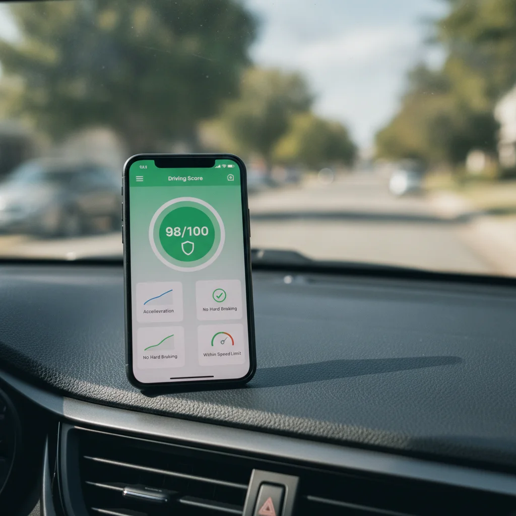 Smartphone showing a high telematics driving safety score on a car dashboard