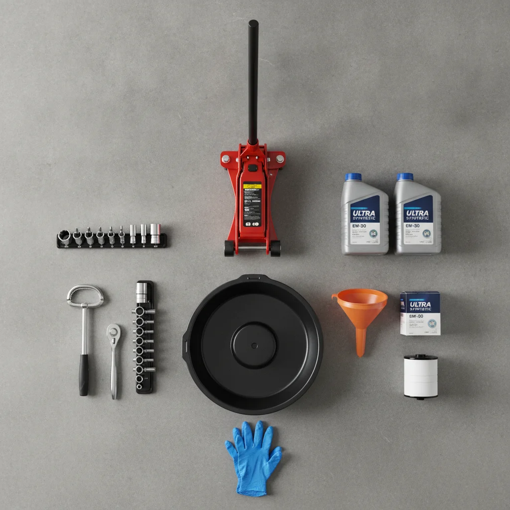Essential DIY oil change tools laid out on a garage floor including jack, drain pan, and filter wrench