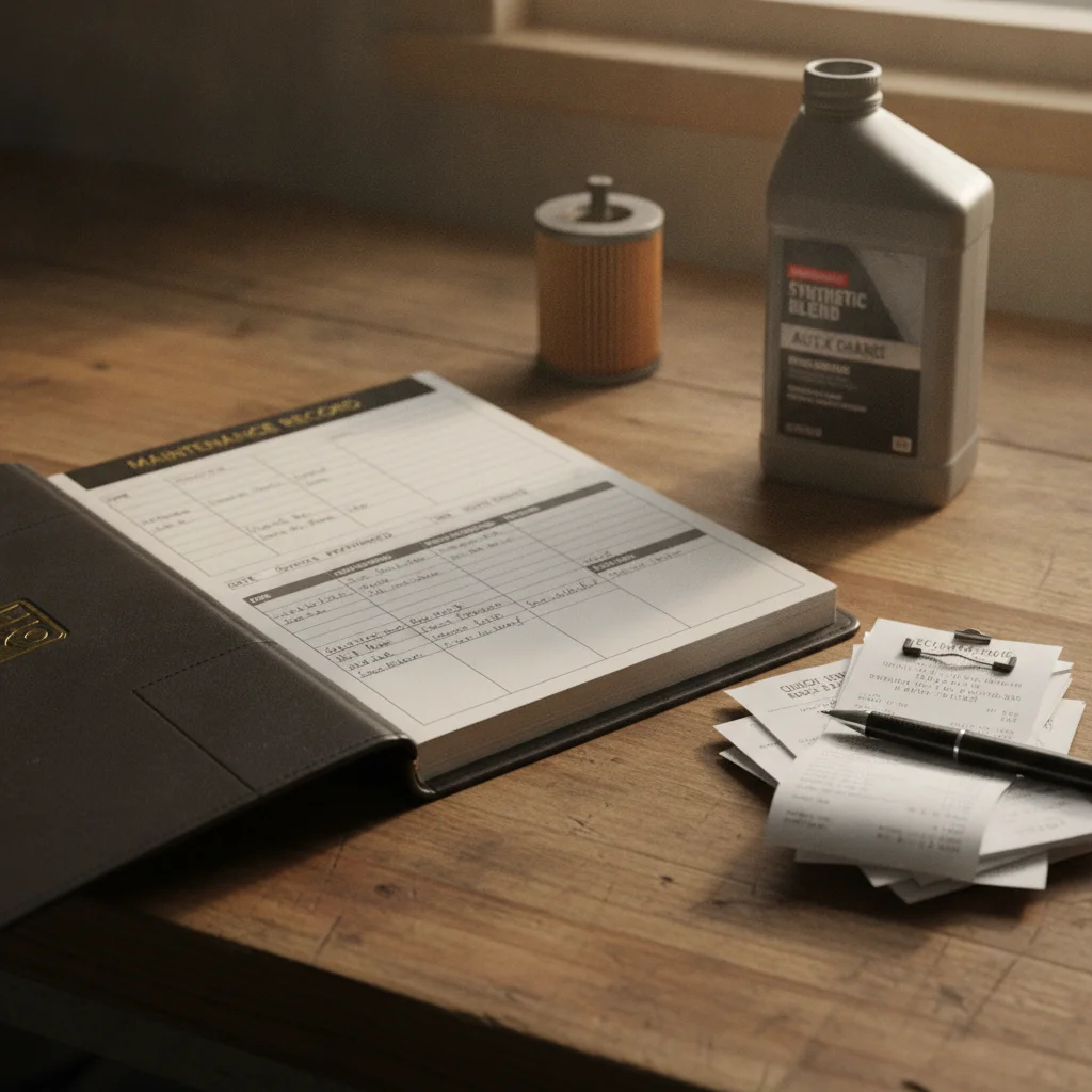 Vehicle maintenance logbook open with handwritten oil change records and receipts beside auto parts store bag