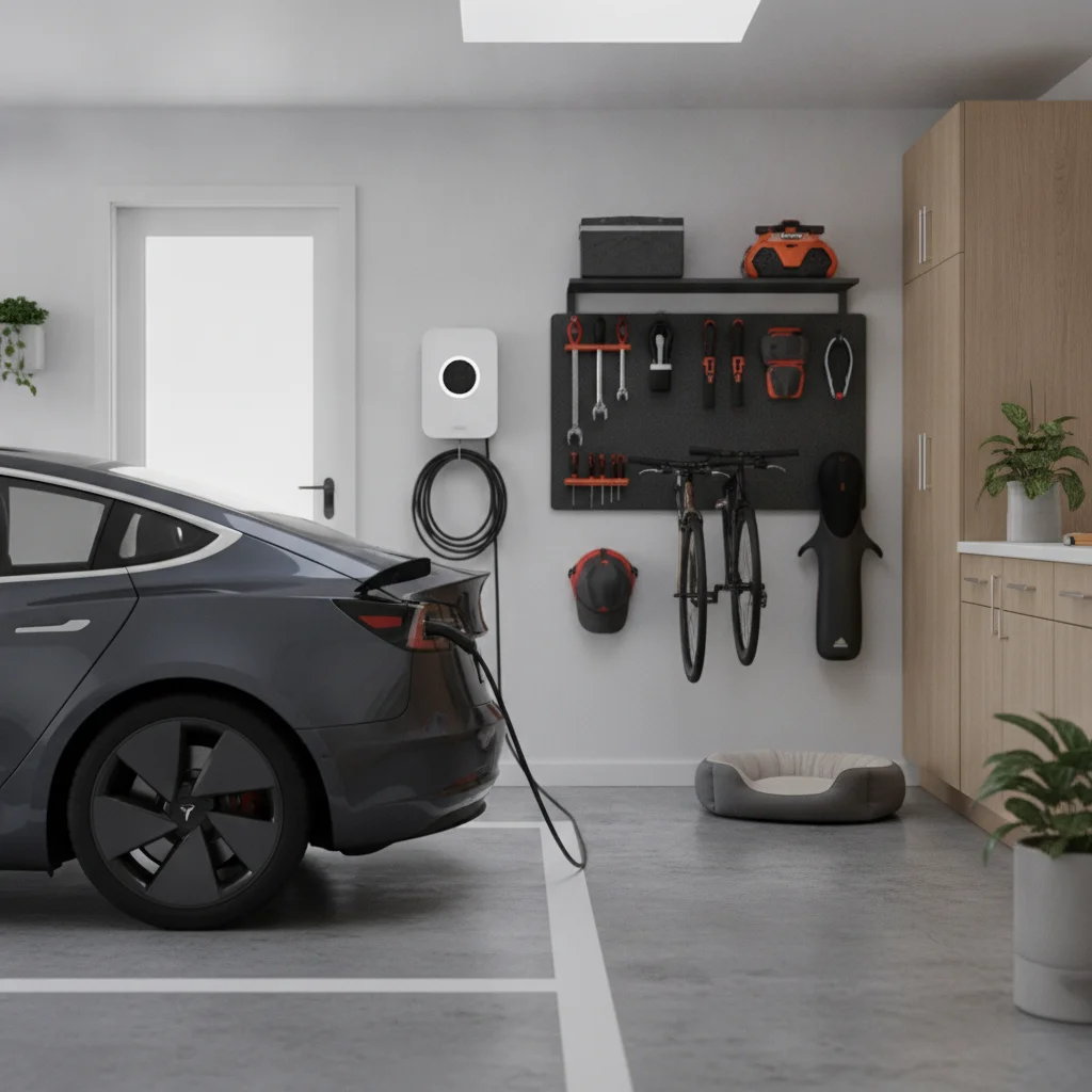 Completed Level 2 home EV charger mounted on garage wall with electric vehicle plugged in and charging