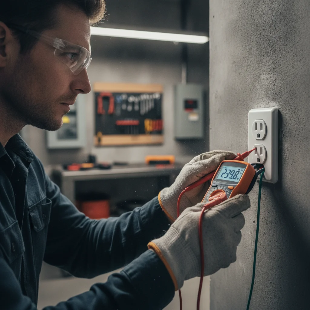 Electrician using a multimeter to verify correct voltage at a newly installed 240V outlet for EV charging