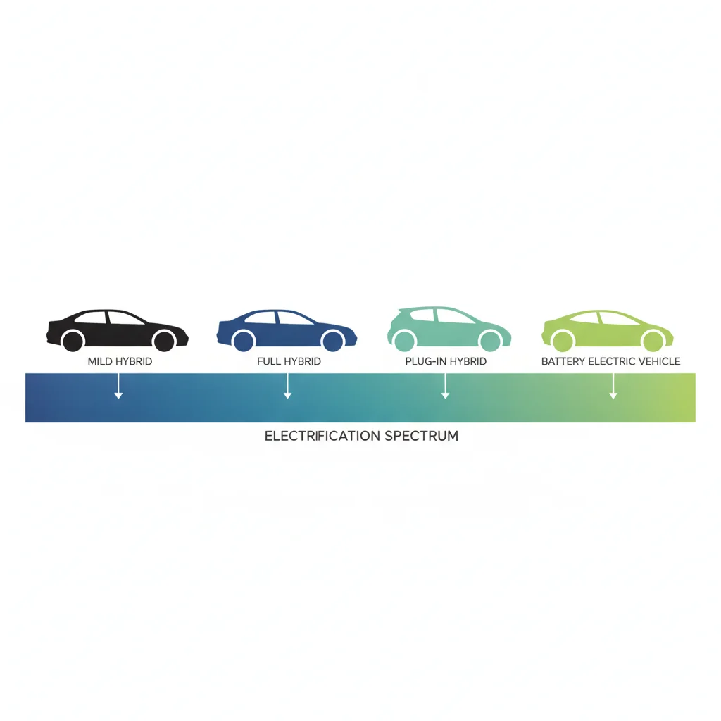 Infographic showing five vehicle types arranged along a horizontal electrification spectrum from conventional to fully electric