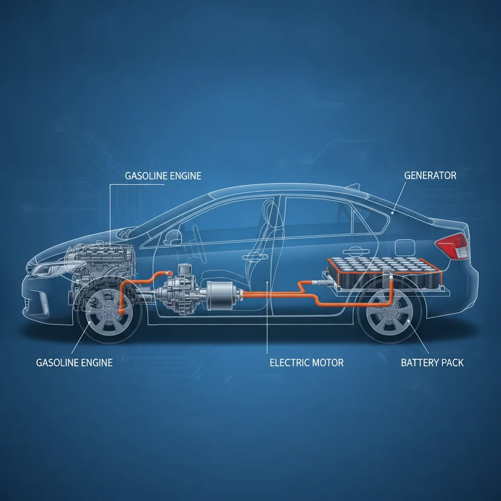 Cutaway diagram of a full hybrid vehicle showing engine, electric motor, generator, and battery components