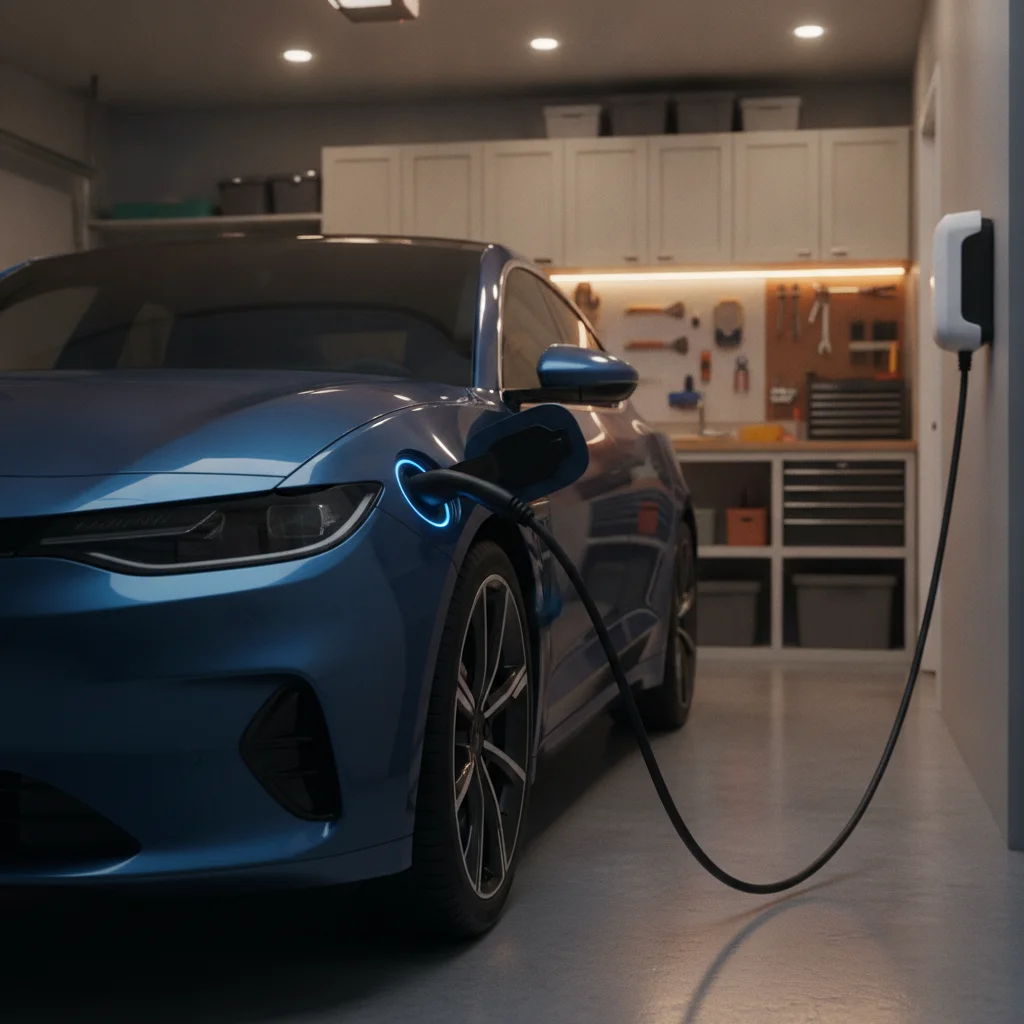 A battery electric vehicle plugged into a Level 2 home charger in a residential garage at night