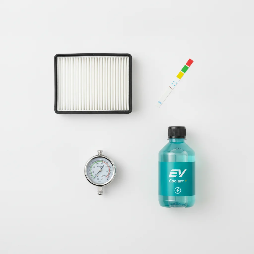 Common EV maintenance items including a cabin air filter, brake fluid tester, tire pressure gauge, and coolant bottle laid out on a white surface