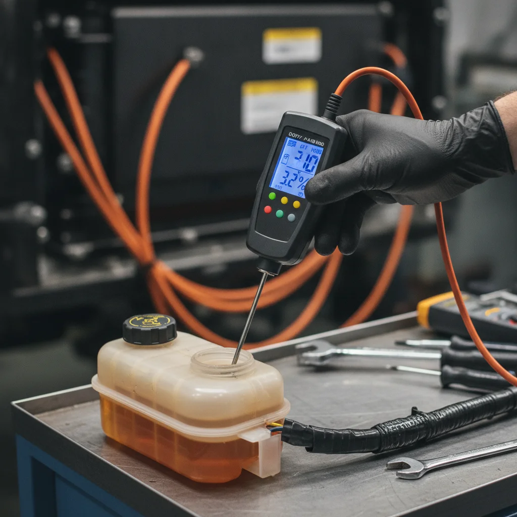 A gloved technician testing brake fluid moisture content using a digital tester on an EV brake fluid reservoir