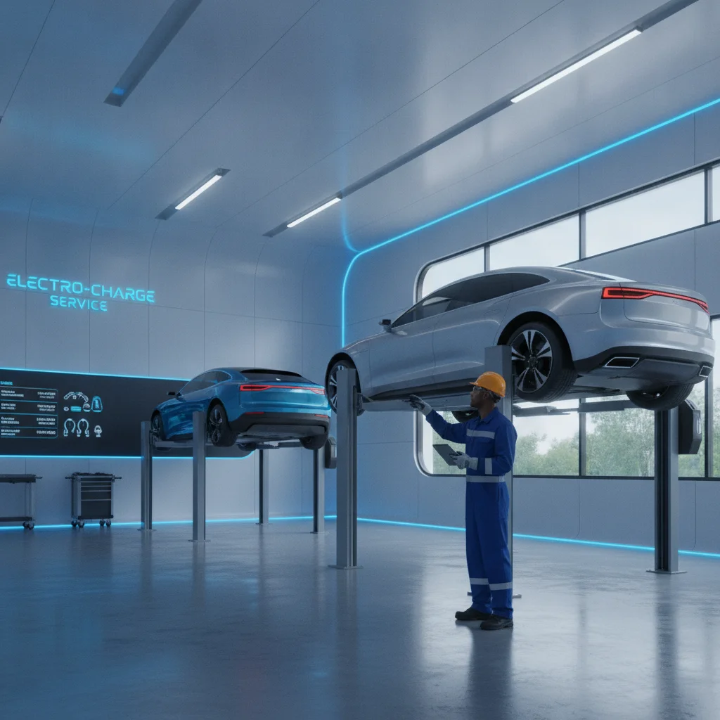 Certified EV technician consulting a diagnostic tablet in a modern electric vehicle service bay with two EVs on lifts