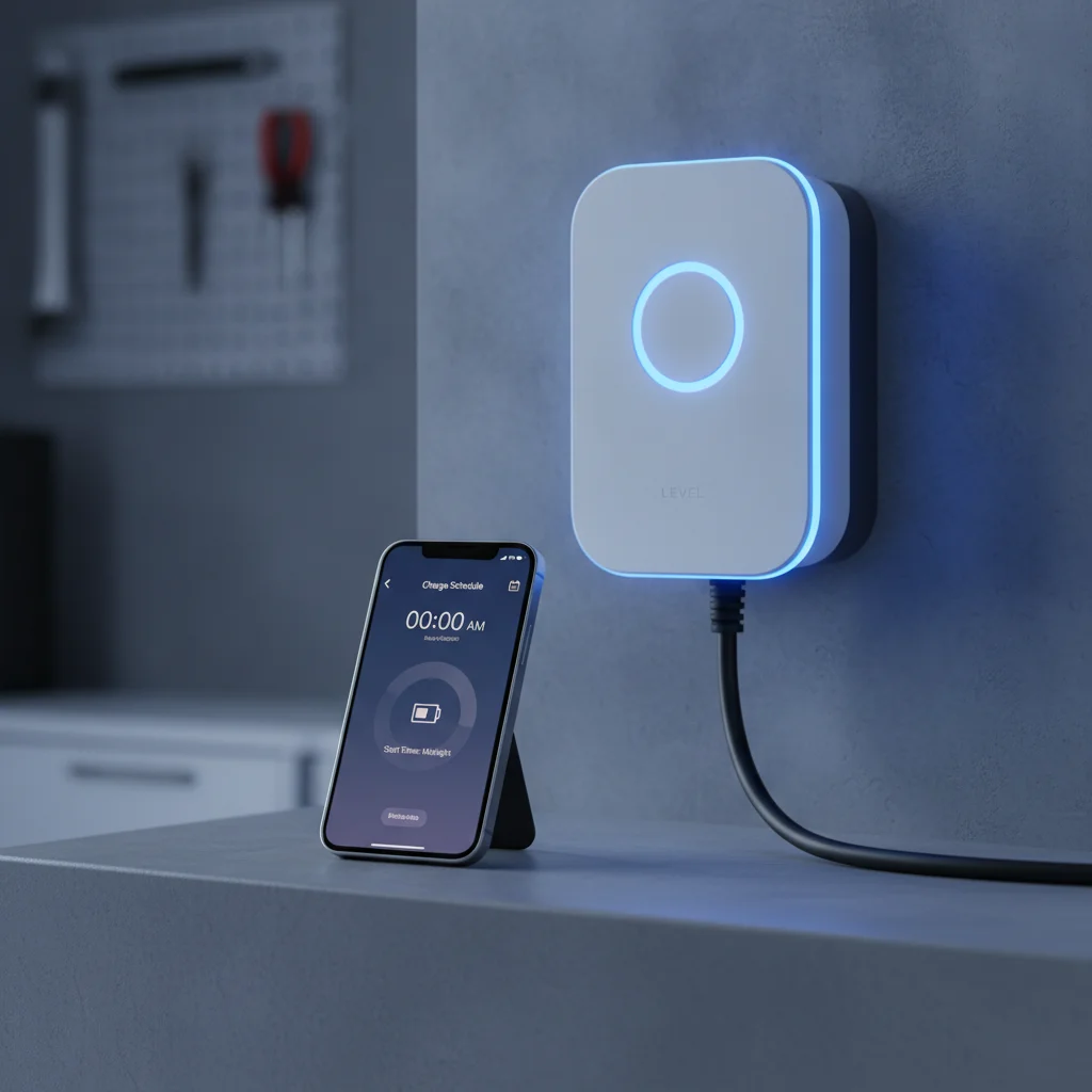 Smartphone displaying EV charging schedule app next to a Level 2 home charger in a garage