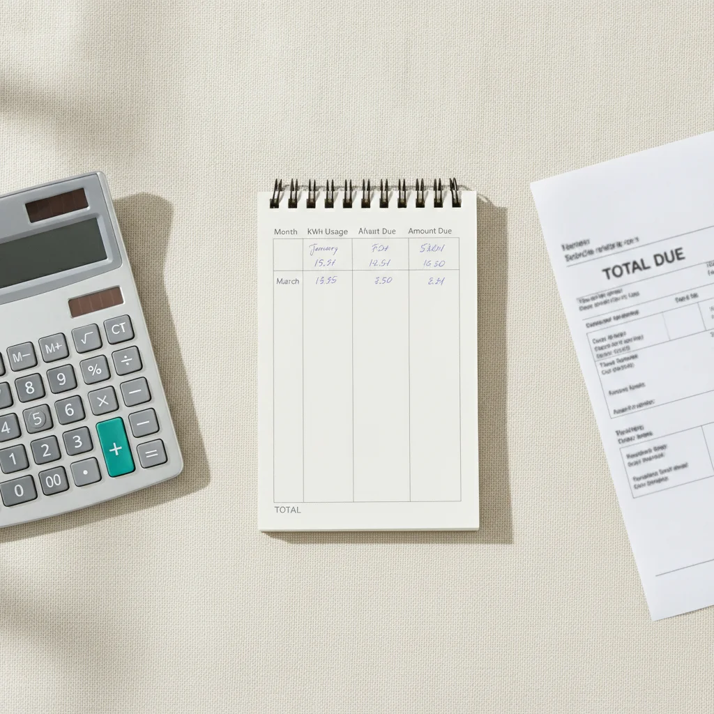 Calculator, electricity bill, and handwritten notebook used to calculate monthly EV charging costs