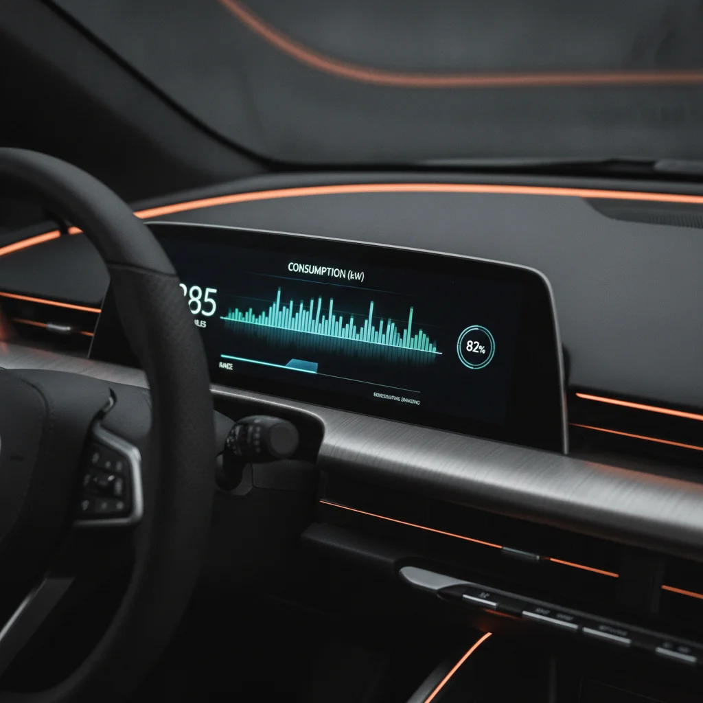 Electric vehicle dashboard showing real-time energy consumption data and estimated remaining range in miles.
