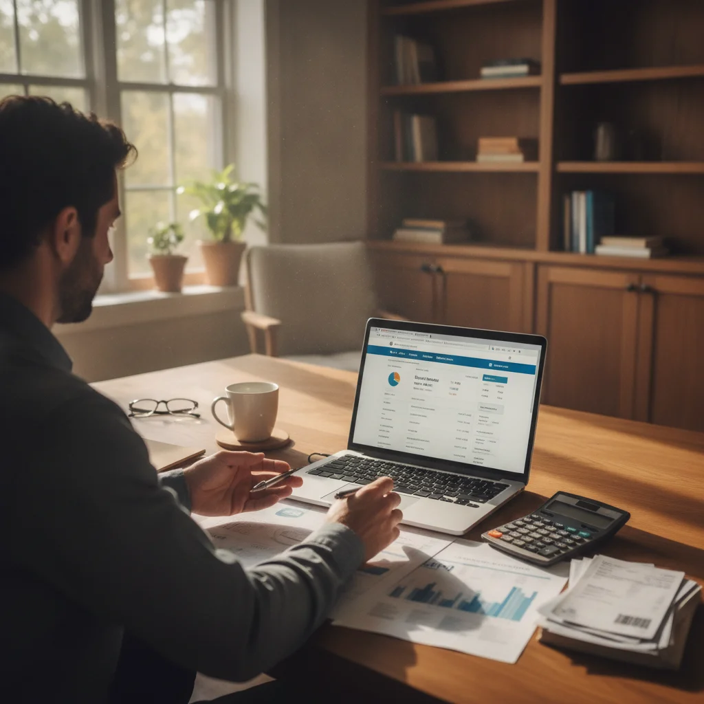 Person reviewing income and debt documents at a desk before applying for an auto loan