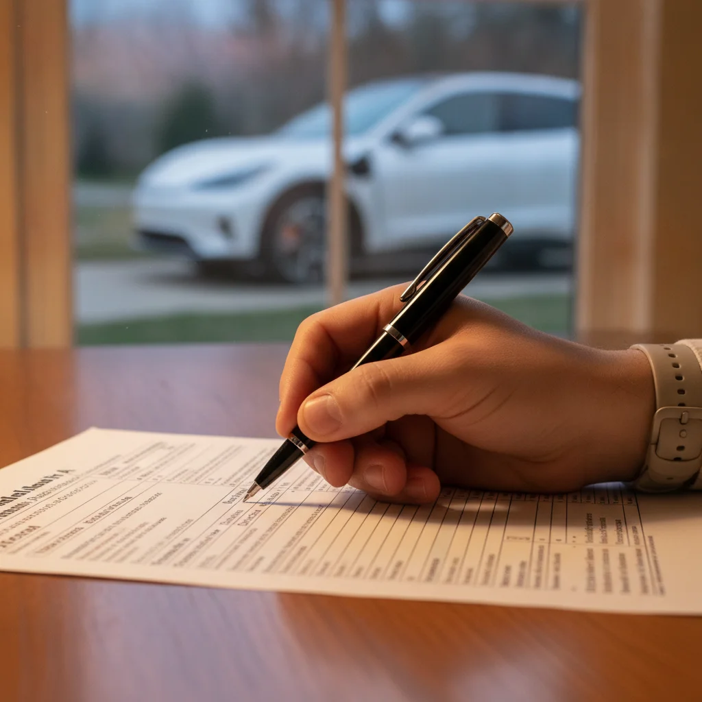 A hand completing a federal tax form with an electric vehicle visible through a window behind