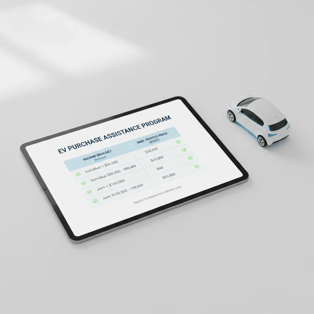 Tablet showing a comparison chart of EV tax credit income limits and vehicle price caps