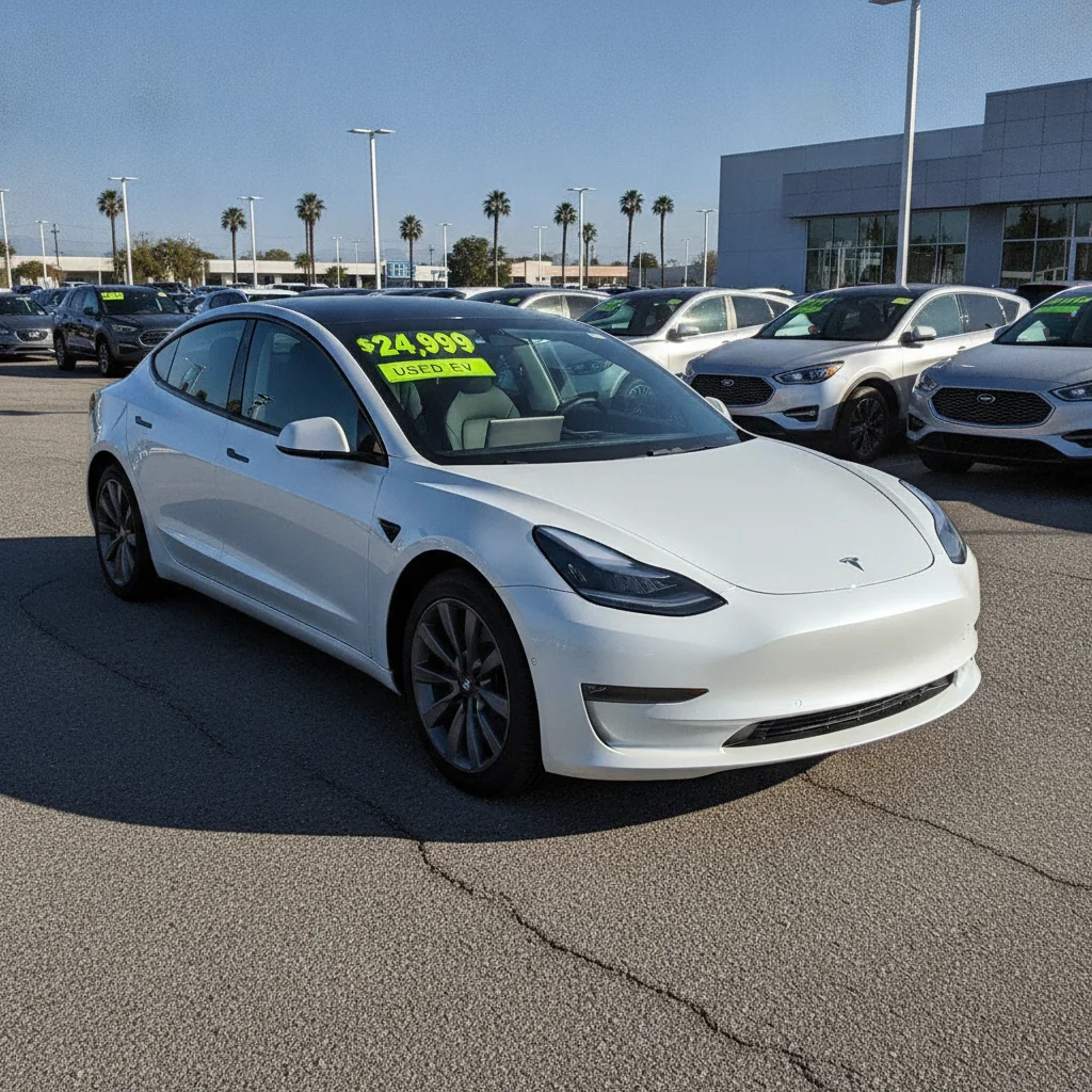 A used electric vehicle on a dealership lot with a price tag showing under $25,000