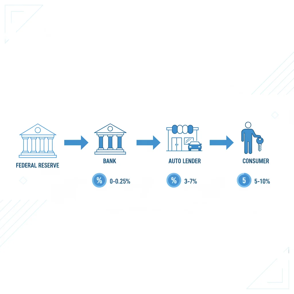 Diagram showing how the Federal Reserve rate flows from banks through auto lenders to consumer loan offers