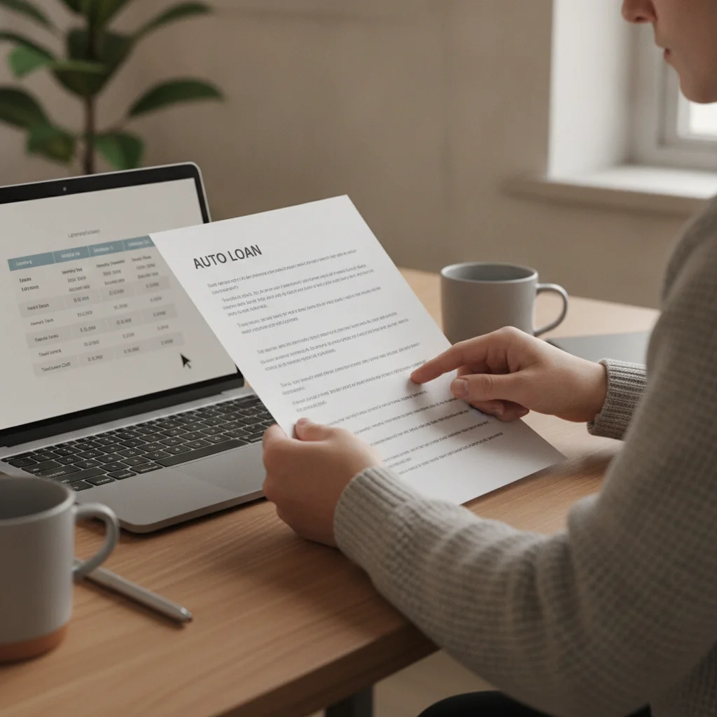 Person reviewing auto loan refinancing documents and comparing rates on a laptop