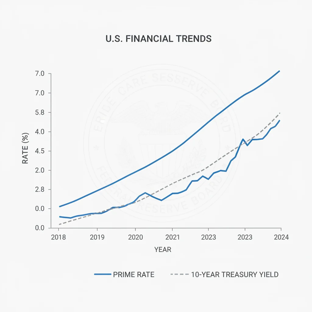 Line chart showing historical correlation between Treasury yields, prime rate, and consumer auto loan rates