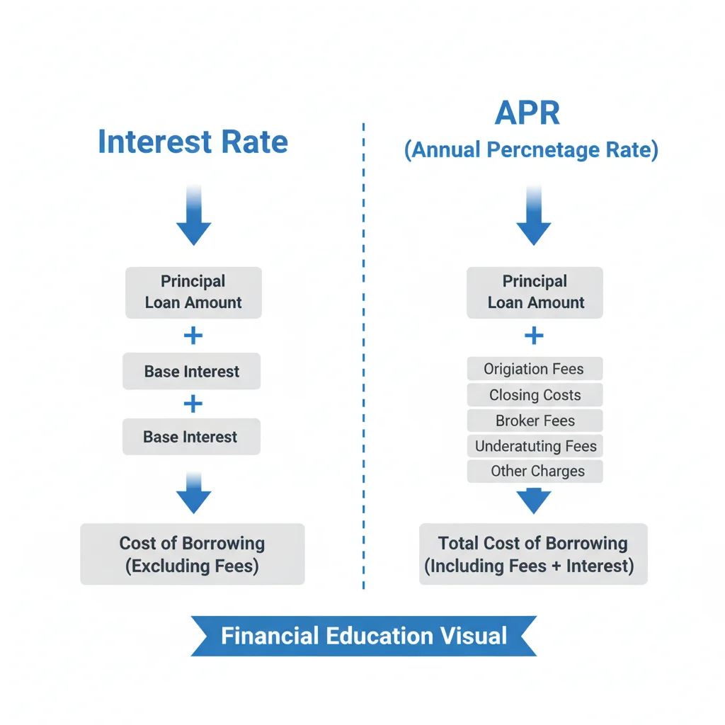 Diagram comparing interest rate and APR columns with fee components illustrated between them