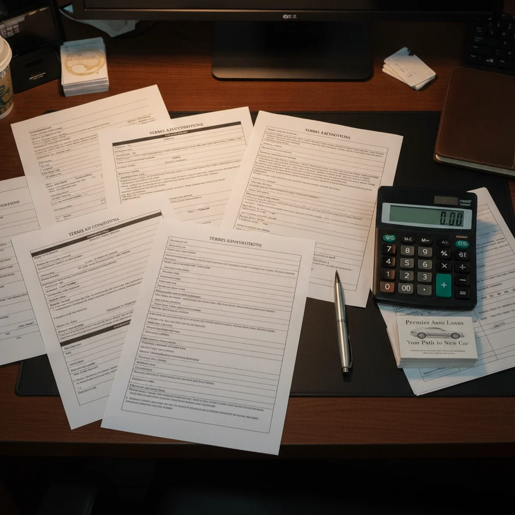 Car dealership finance office desk with loan documents, calculator, and pen