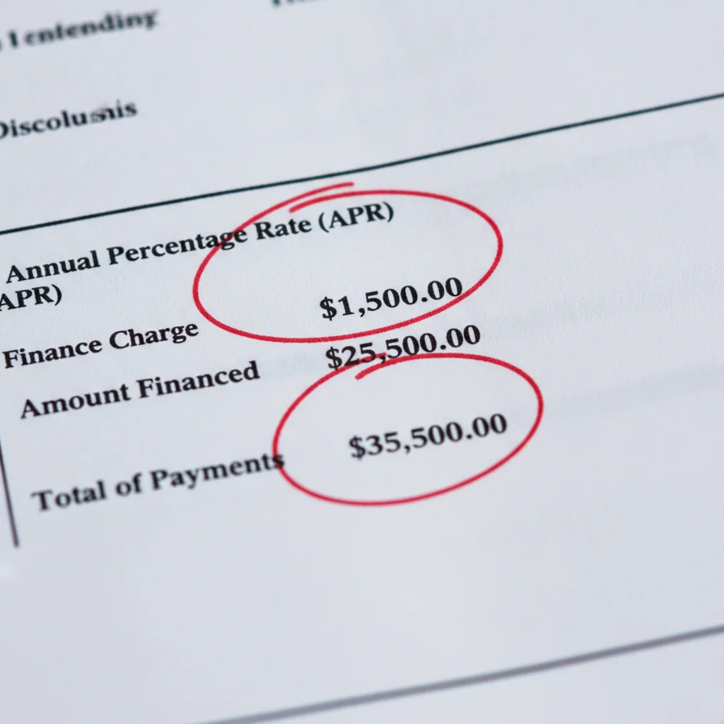 Close-up of Truth in Lending TILA disclosure box on an auto loan contract showing four key financial fields