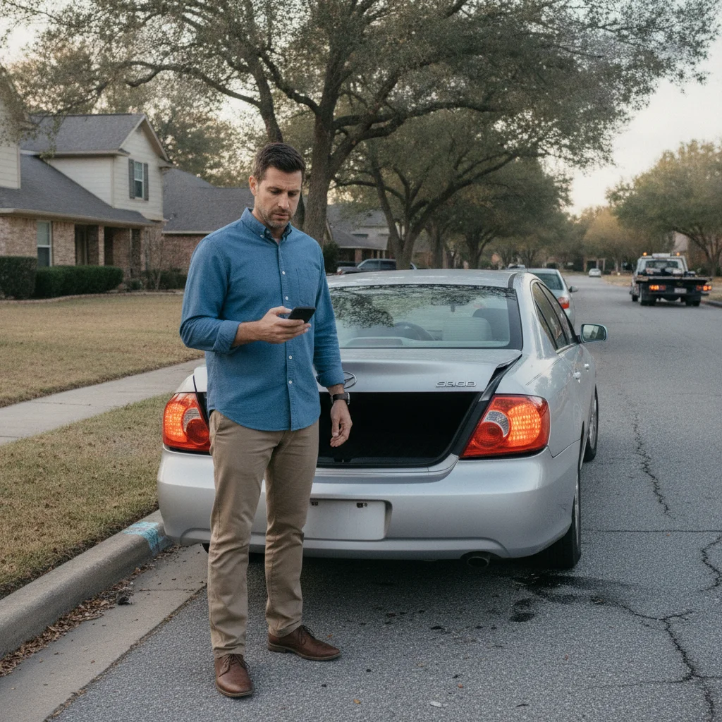 Driver standing beside a damaged vehicle holding a smartphone after an accident
