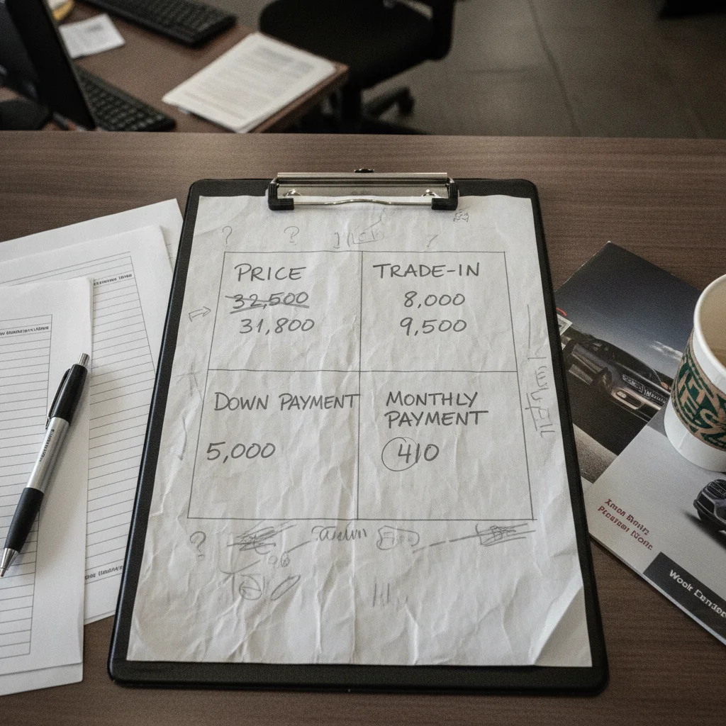 A handwritten four-square dealership worksheet on a clipboard showing four labeled quadrants with numbers