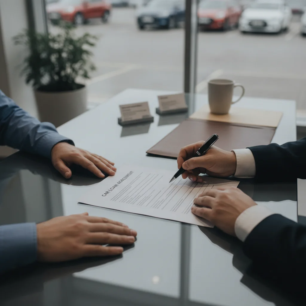 Two hands across a desk during a car dealership negotiation, one holding a pen over a loan document