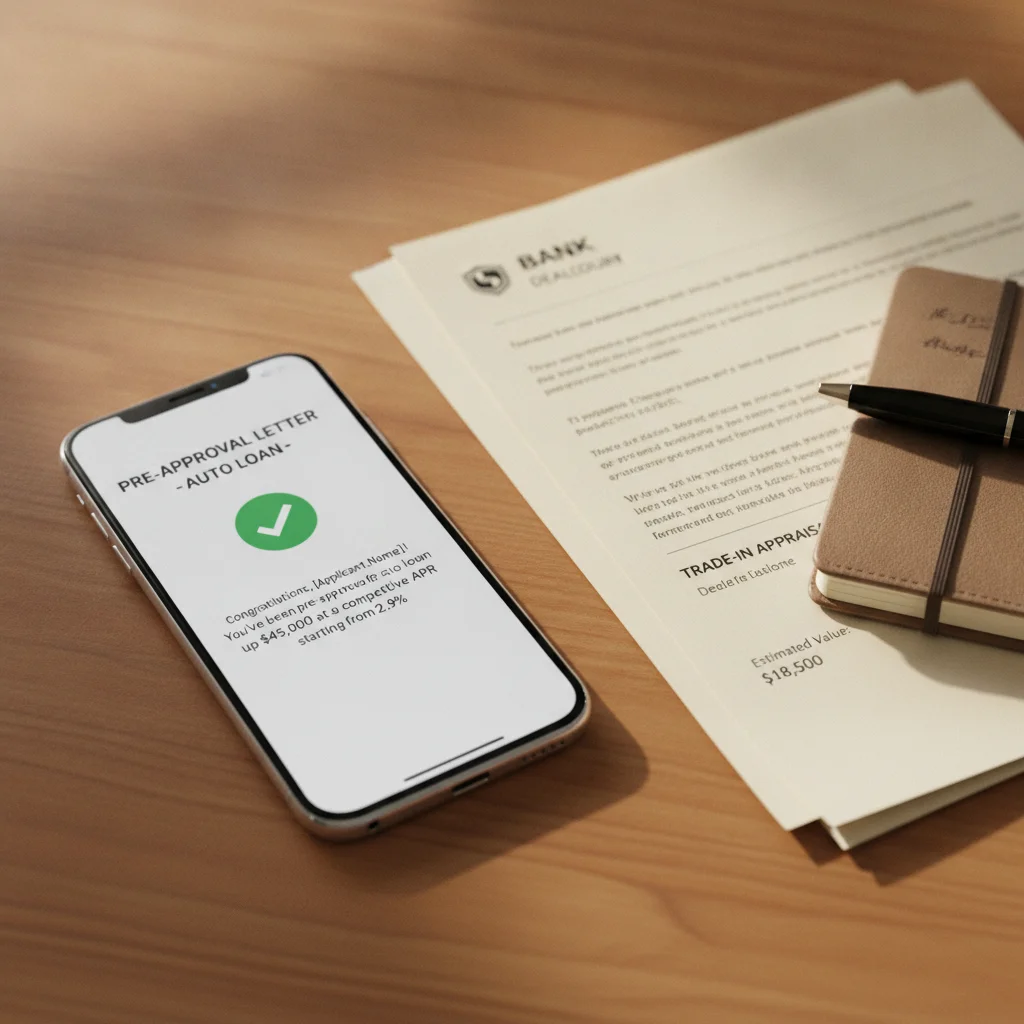 A smartphone showing a bank pre-approval letter next to printed trade-in appraisal documents on a table