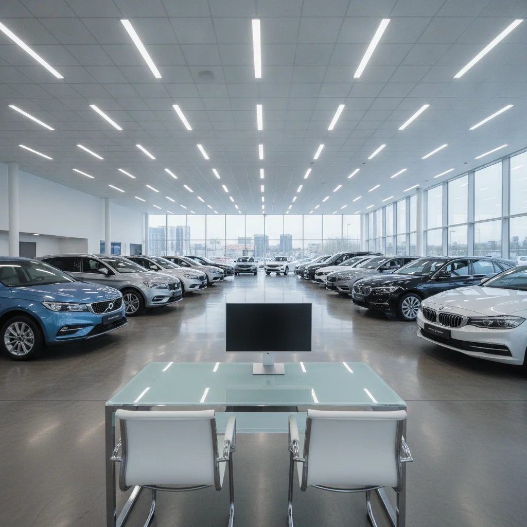 A car dealership showroom interior with rows of new vehicles and an empty negotiation desk in the foreground
