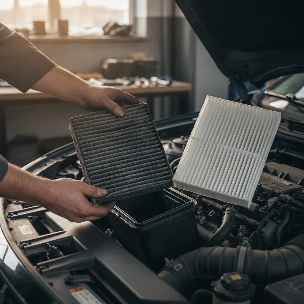 Mechanic holding a dirty used air filter next to a clean replacement air filter