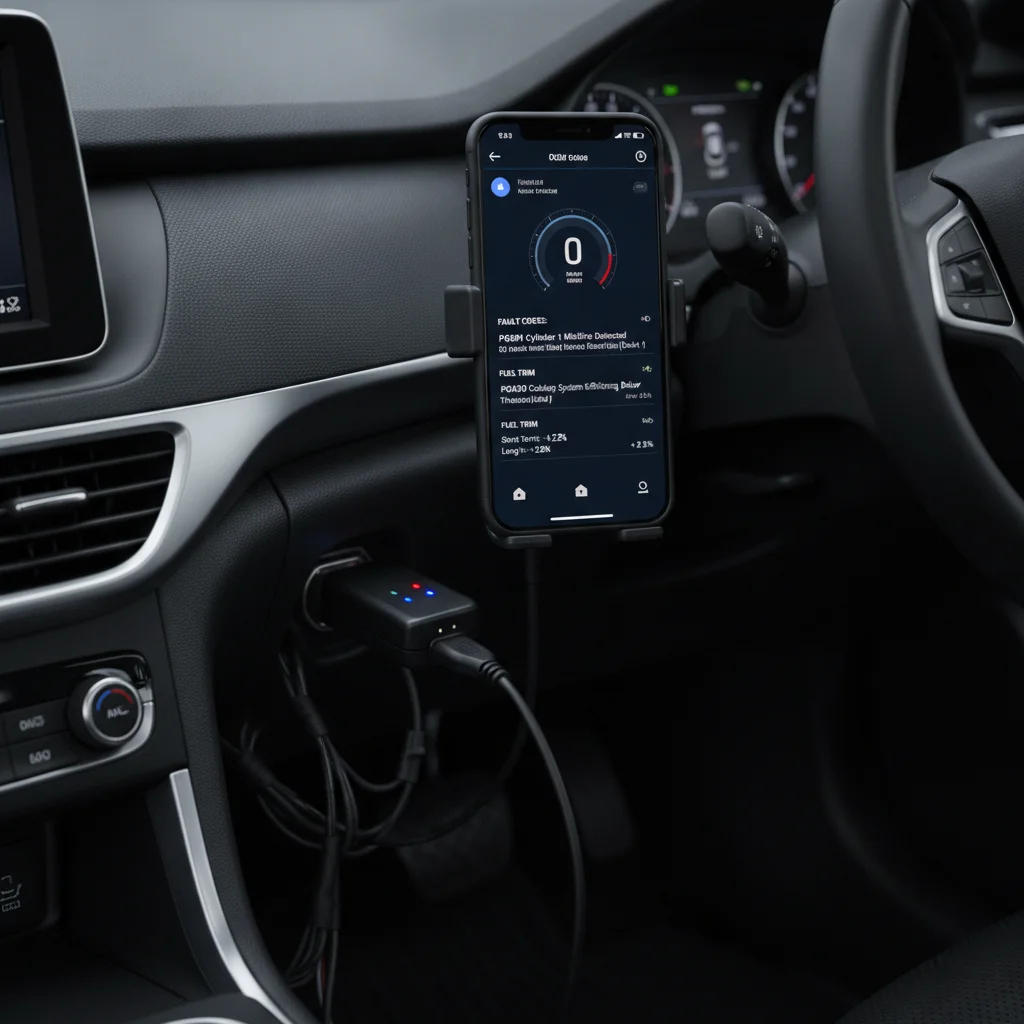 OBD-II Bluetooth adapter plugged into car diagnostic port with smartphone showing fault code data
