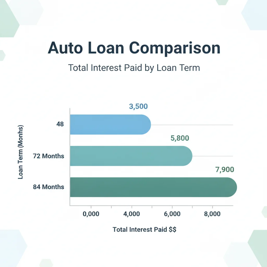 Bar chart comparing total interest paid across 48-month, 72-month, and 84-month auto loan terms