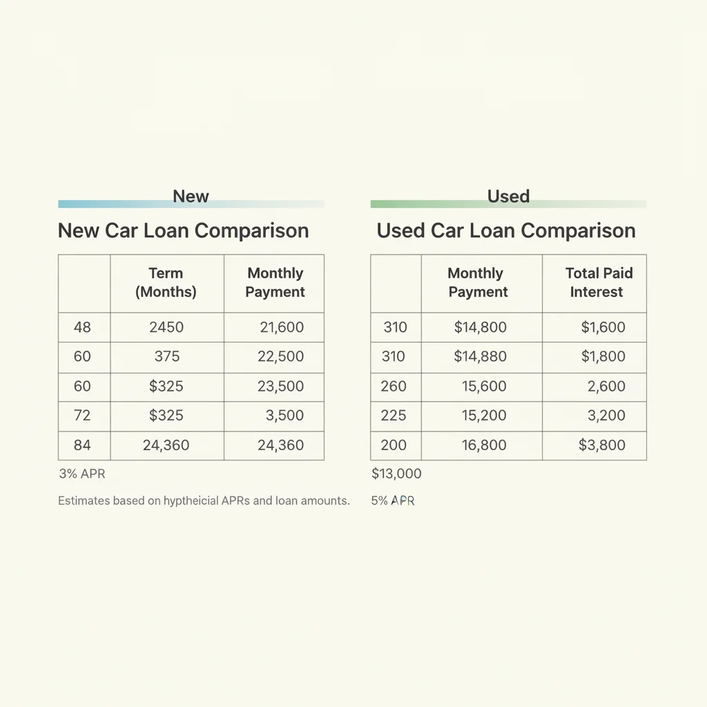 Side-by-side comparison table of auto loan costs across different loan term lengths
