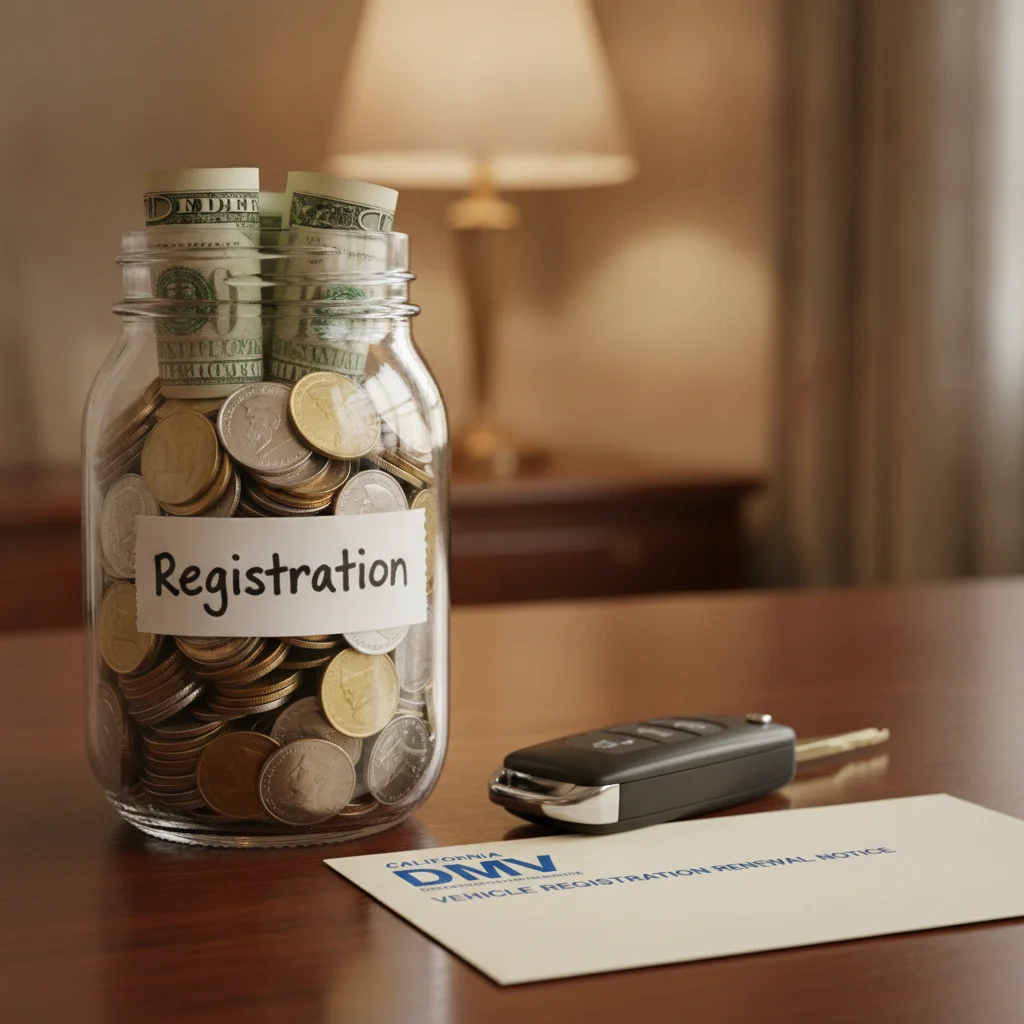 A glass jar of money labeled registration fees next to a car key and DMV renewal envelope on a desk
