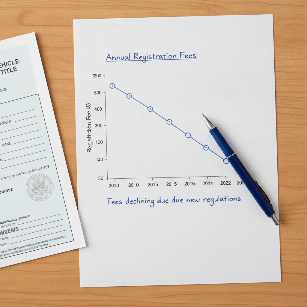 Hand-drawn line graph showing declining vehicle registration fees over twelve years on a desk
