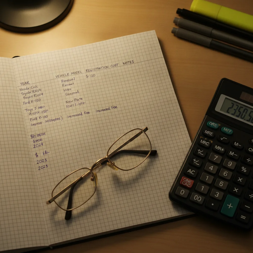Notebook with handwritten annual registration cost tracking columns next to a calculator and glasses