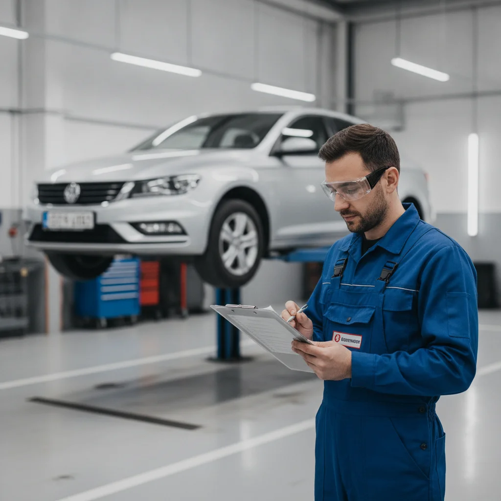 Automotive technician reviewing a service checklist on a clipboard in a professional repair shop