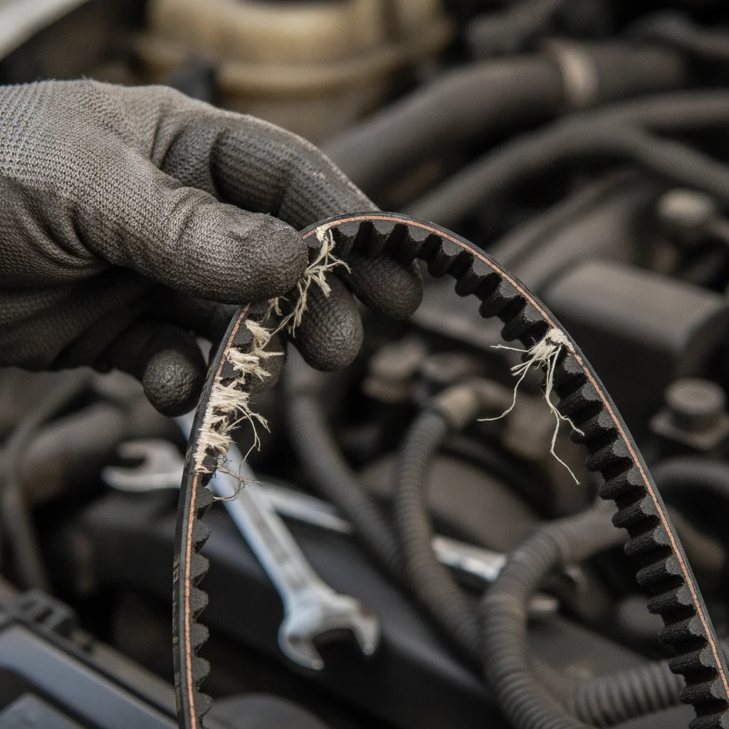 Cracked and worn automotive timing belt held in a gloved hand illustrating the need for replacement
