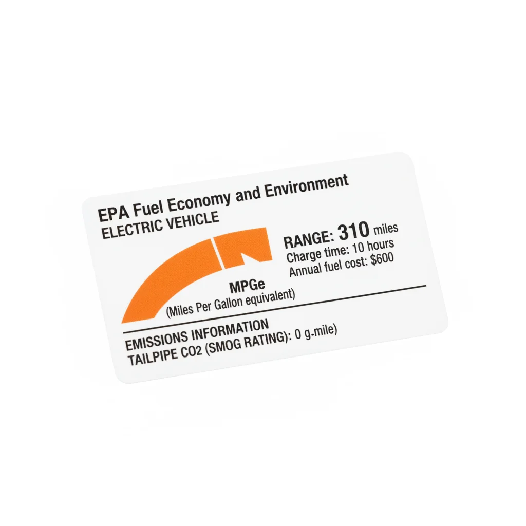 EPA fuel economy window sticker on an electric vehicle showing range rating and MPGe figure