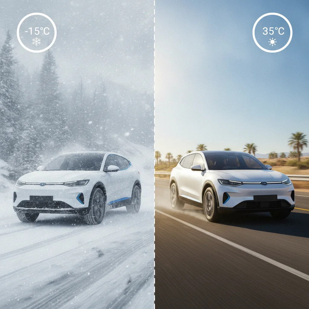 Electric vehicle shown in contrasting cold winter and warm summer driving environments side by side