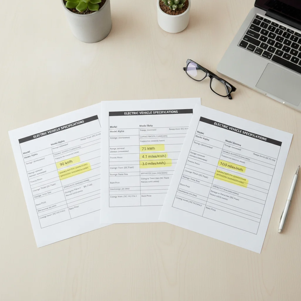 Three EV specification sheets laid out for side-by-side comparison with efficiency figures highlighted