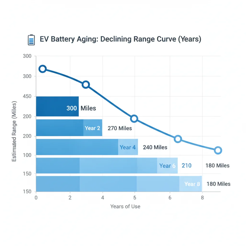 Chart showing gradual decline in EV battery range capacity over multiple years of use and charging cycles